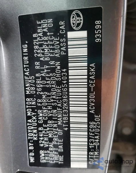 2006 Toyota Camry Le from USA, damaged, VIN 4T1BE32K96U654034